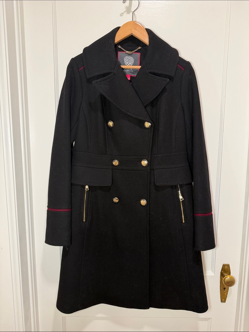 Vince Camuto Black Peacoat with Gold Buttons and Burgundy Trim & Accents